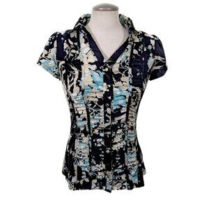 Dressbarn Y2K Women S Blouse Top Blue Ruched Front Button Up Shirt Cap Sleeve